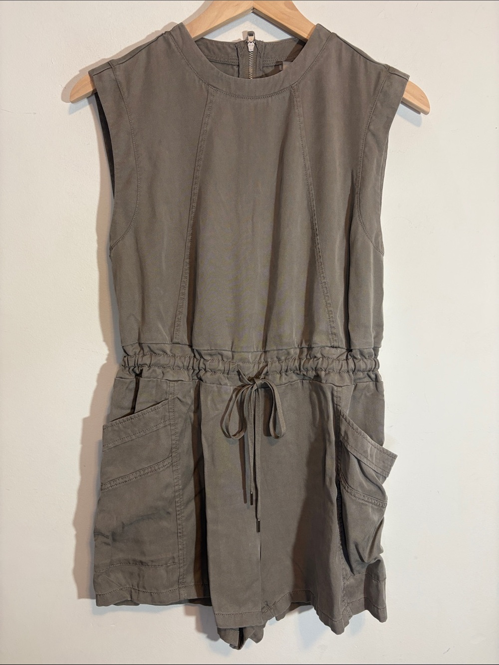 Calia Taupe Greige Grey Stone Washed Drawstring Cinch Waist Utility Romper XS